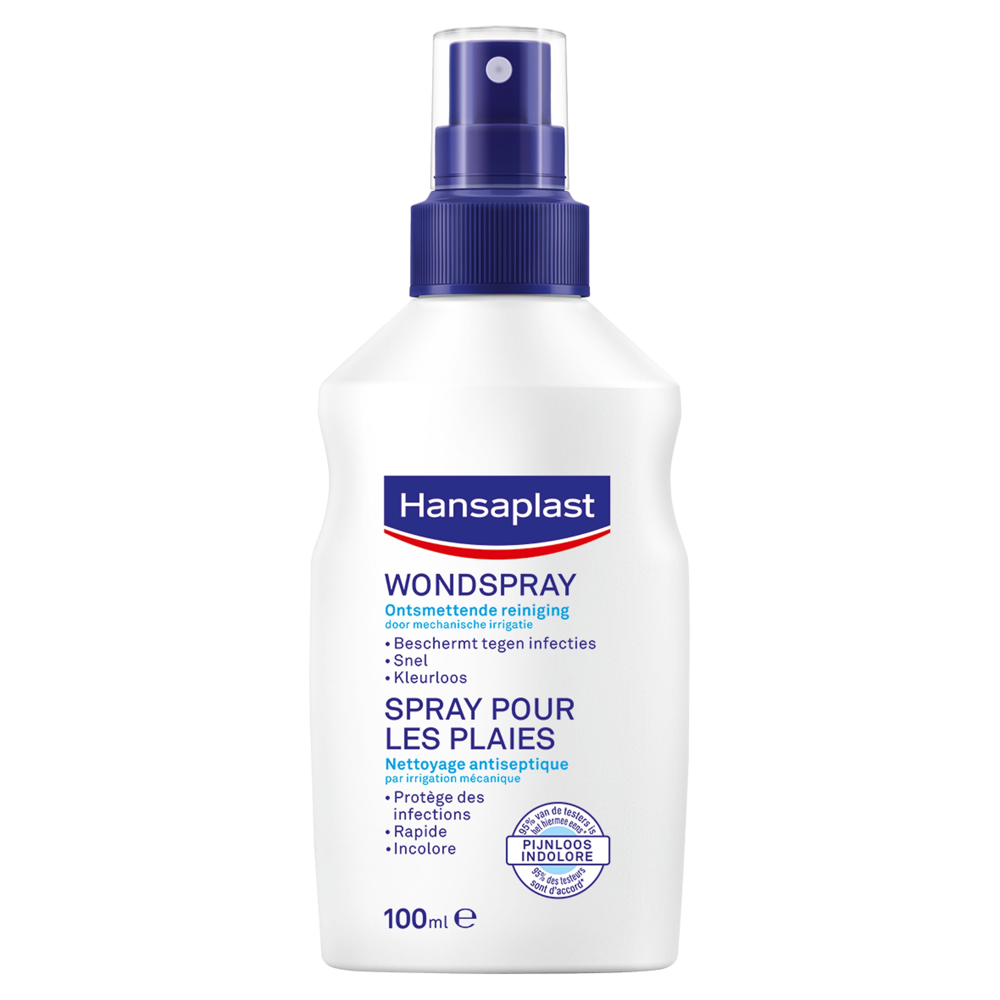 Hansaplast Wondspray 100ml bottle, antiseptic spray for wound care, with a spray nozzle and packaging visible in the image.