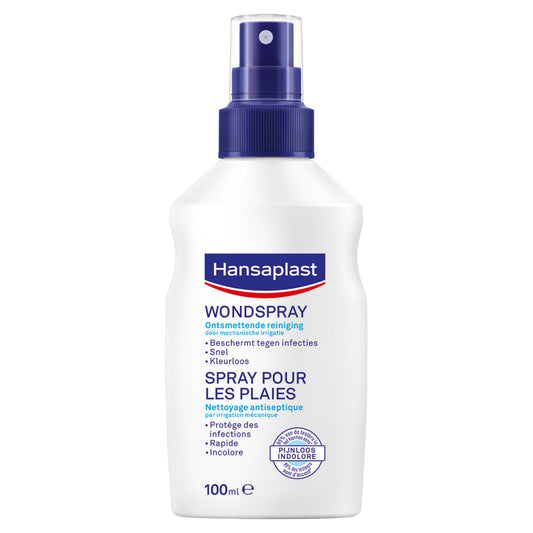 Hansaplast Wondspray 100ml bottle, antiseptic spray for wound care, with a spray nozzle and packaging visible in the image.