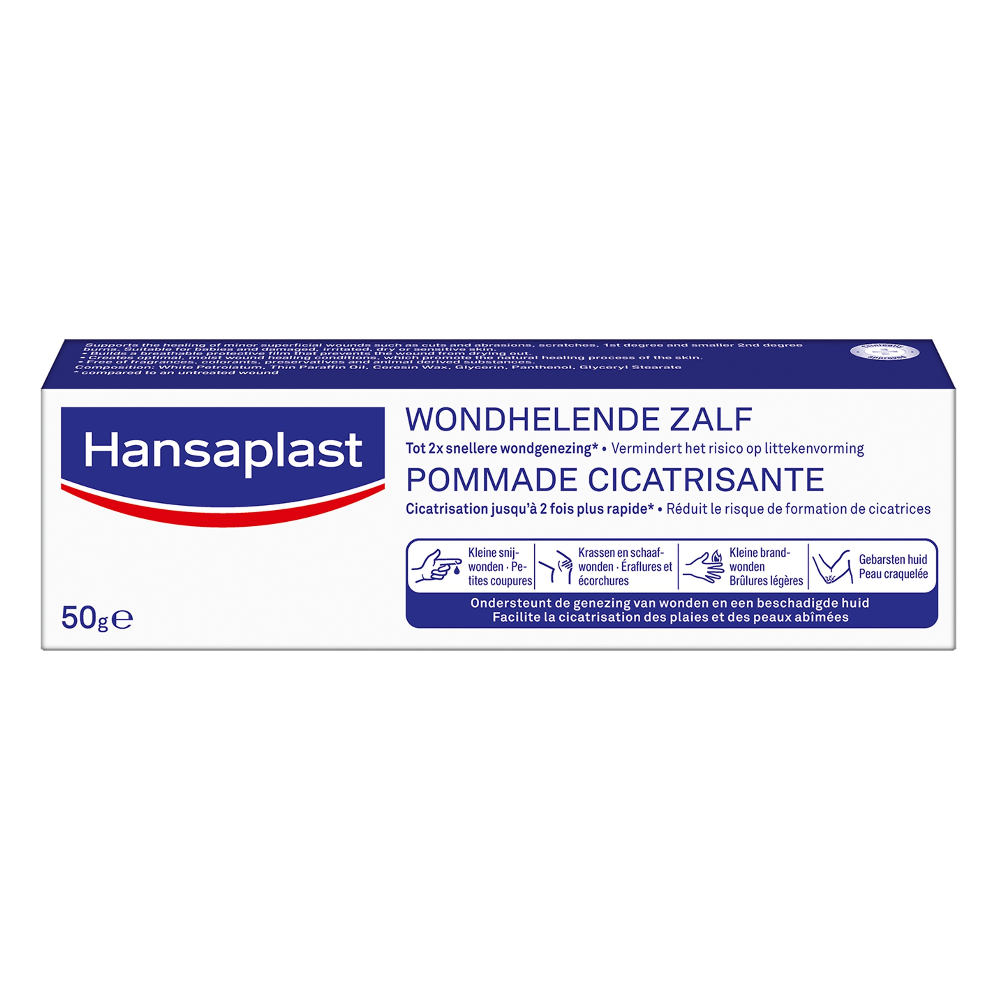 Hansaplast Wondhelende zalf in 50g tube, soothing body care product for skin healing and protection.
