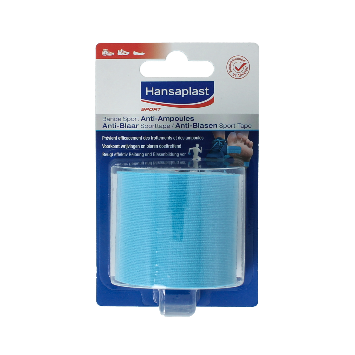 Hansaplast Sport tape for anti-blaar protection, showing a roll of sport tape with brand logo and application details.