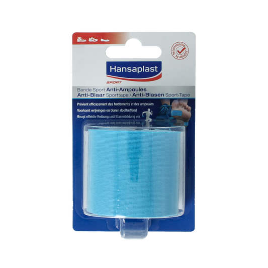 Hansaplast Sport tape for anti-blaar protection, showing a roll of sport tape with brand logo and application details.