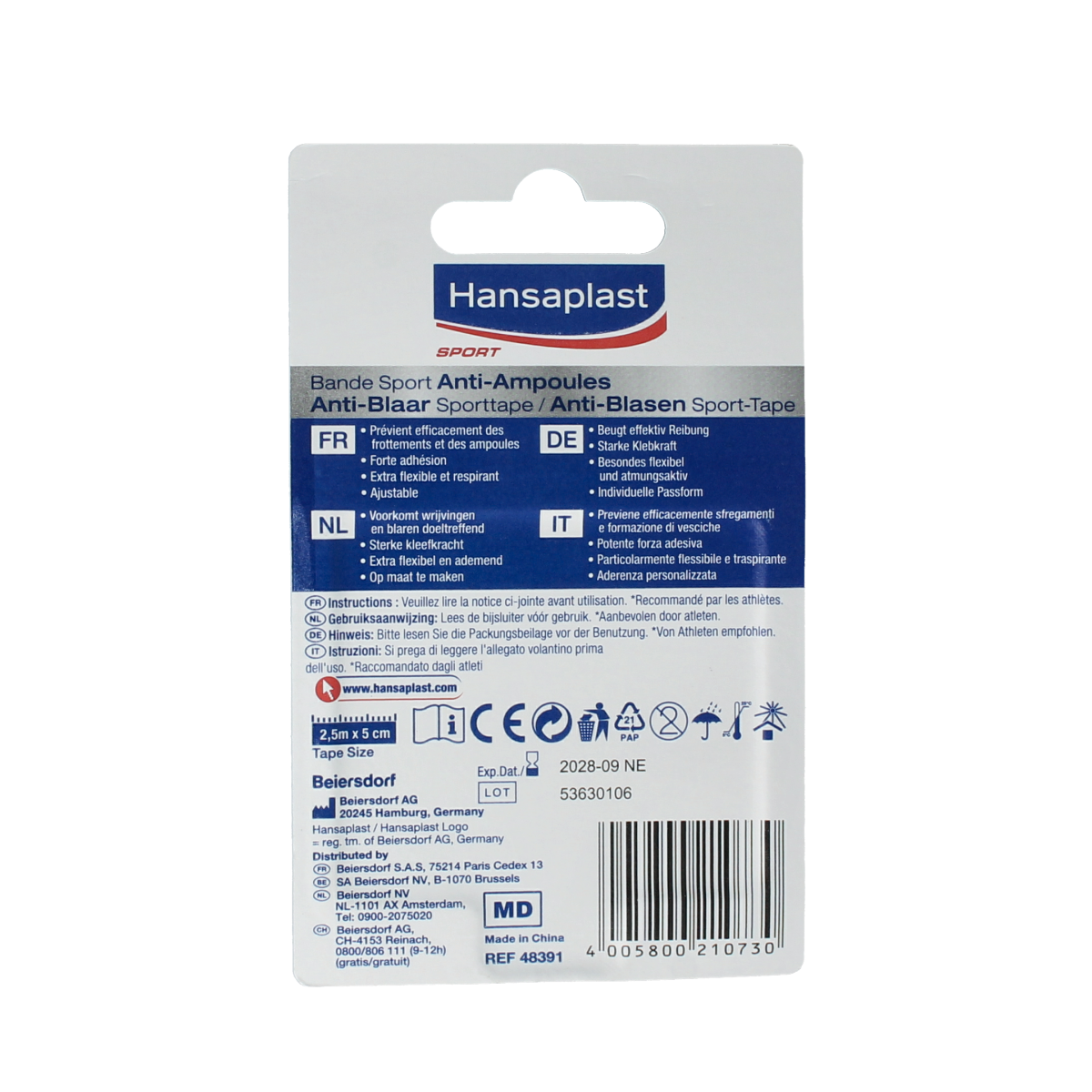 Hansaplast Sport tape anti-blaar, 1 pack of sports tapes designed to prevent blisters during physical activity.