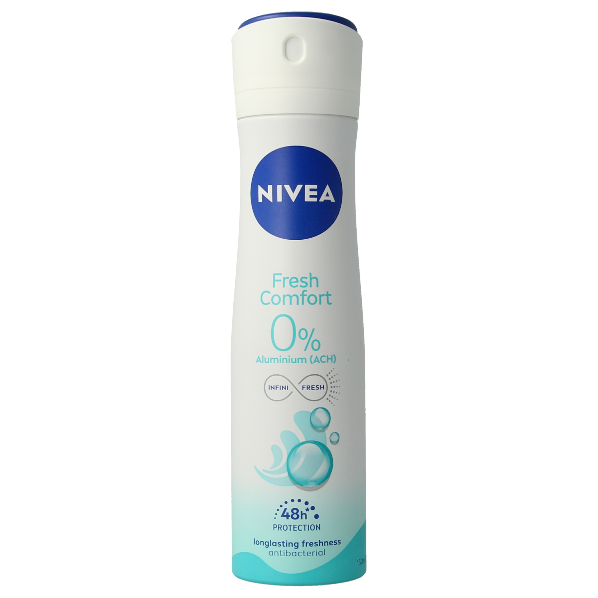 Nivea Fresh Comfort Spray deodorant bottle, 150ml, with a white and blue label and spray nozzle visible in the image.