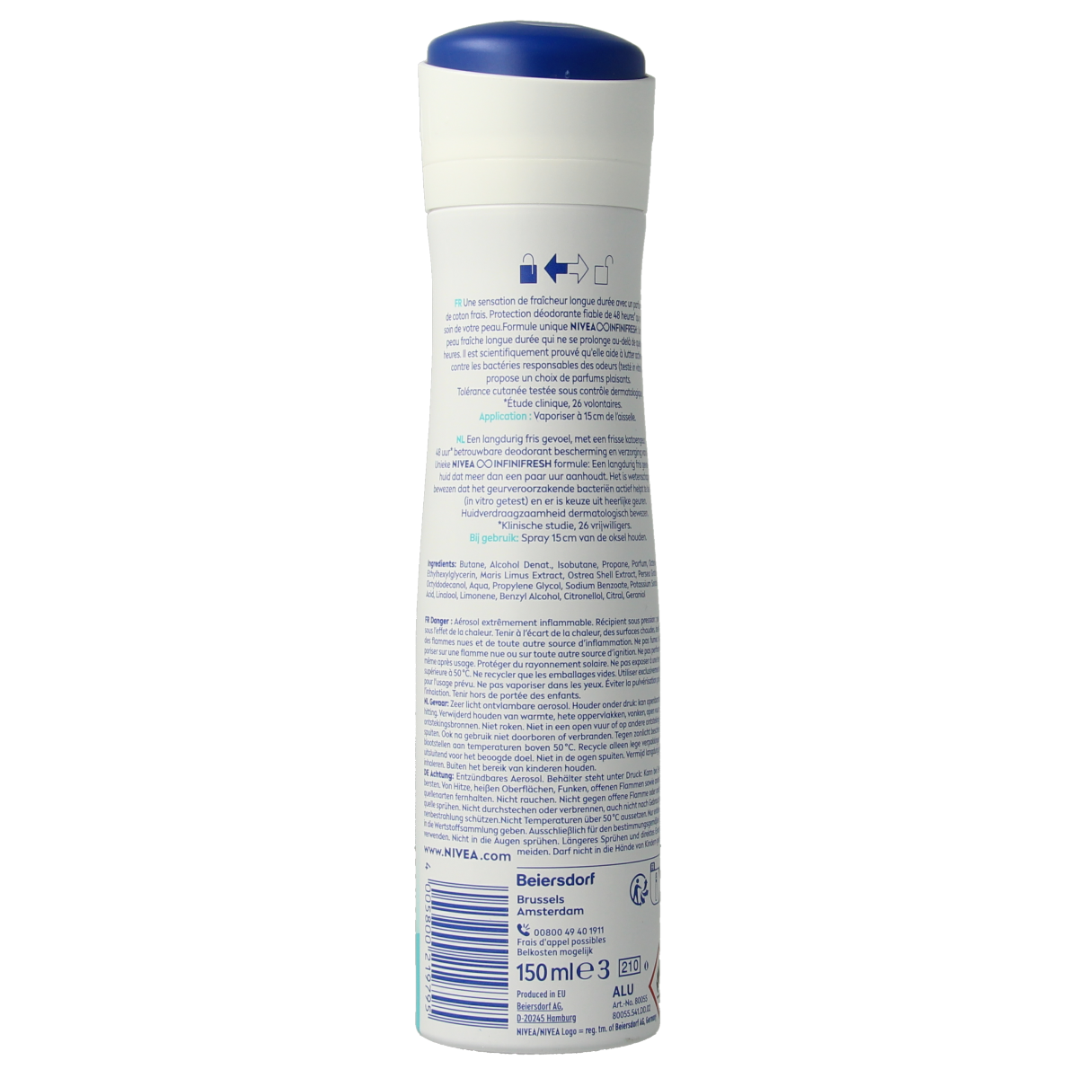 Nivea Fresh Comfort Deodorant Spray 150ml bottle with white and blue packaging, designed to keep you fresh and odor-free.