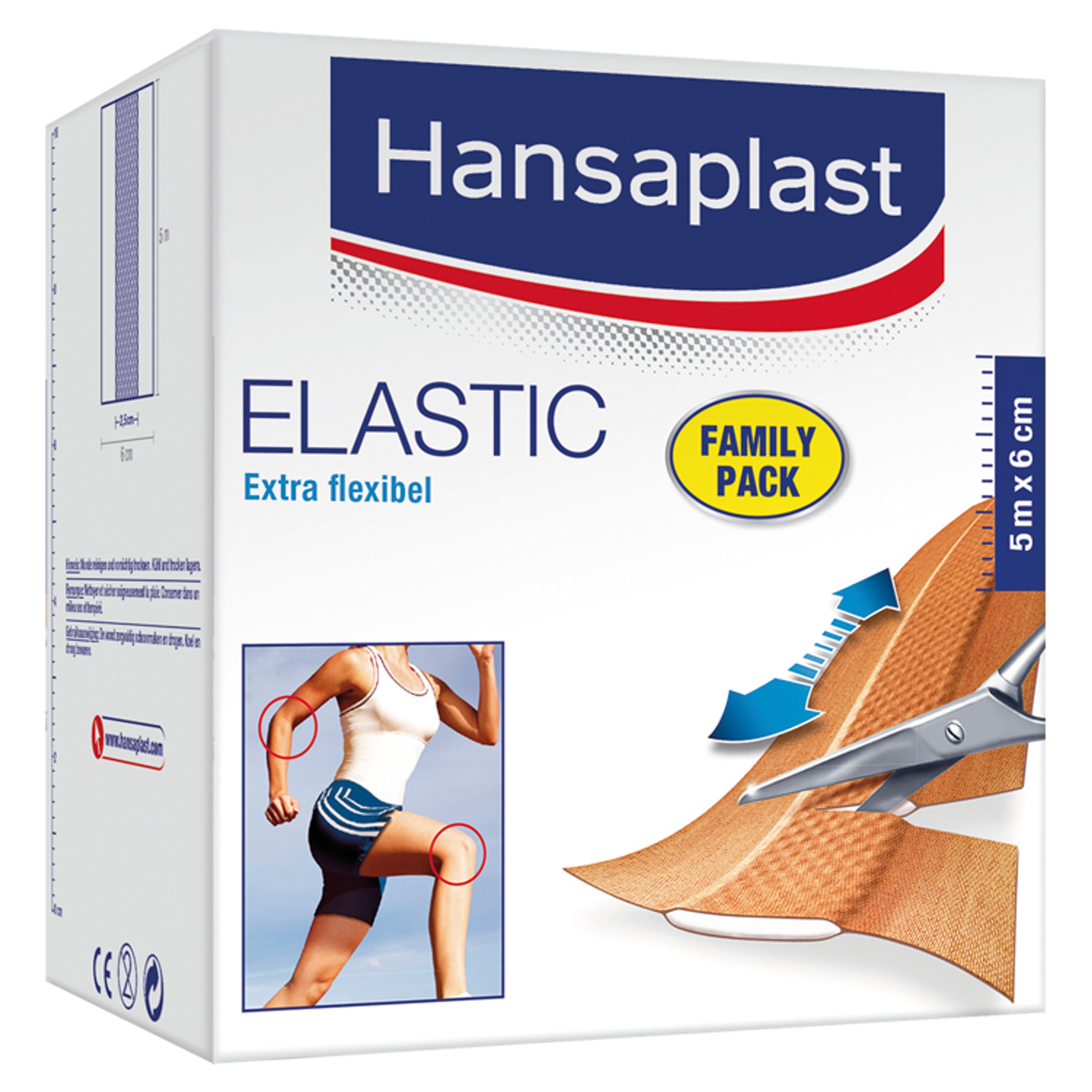 Hansaplast Elastic family 5m x 6cm adhesive bandage on a white background, showcasing flexible medical tape for wound care.