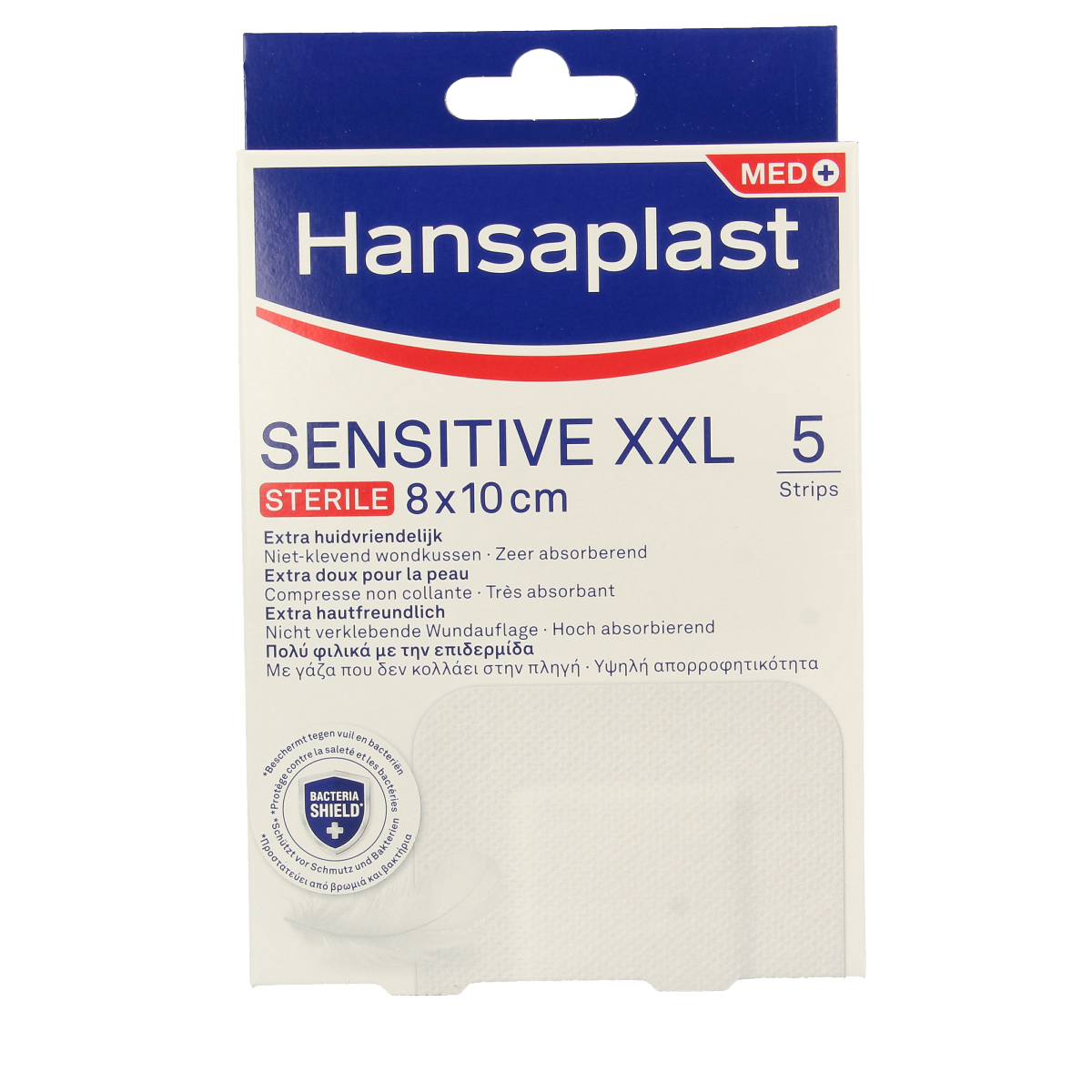 Hansaplast Sensitive XXL bandages and tape, 5-pack, designed for gentle skin protection and healing.