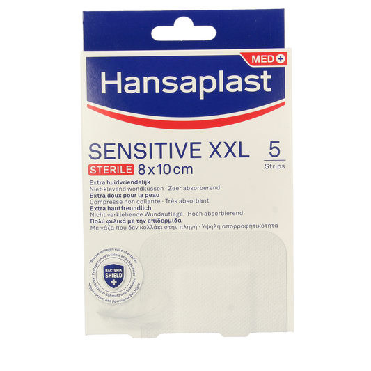 Hansaplast Sensitive XXL bandages and tape, 5-pack, designed for gentle skin protection and healing.