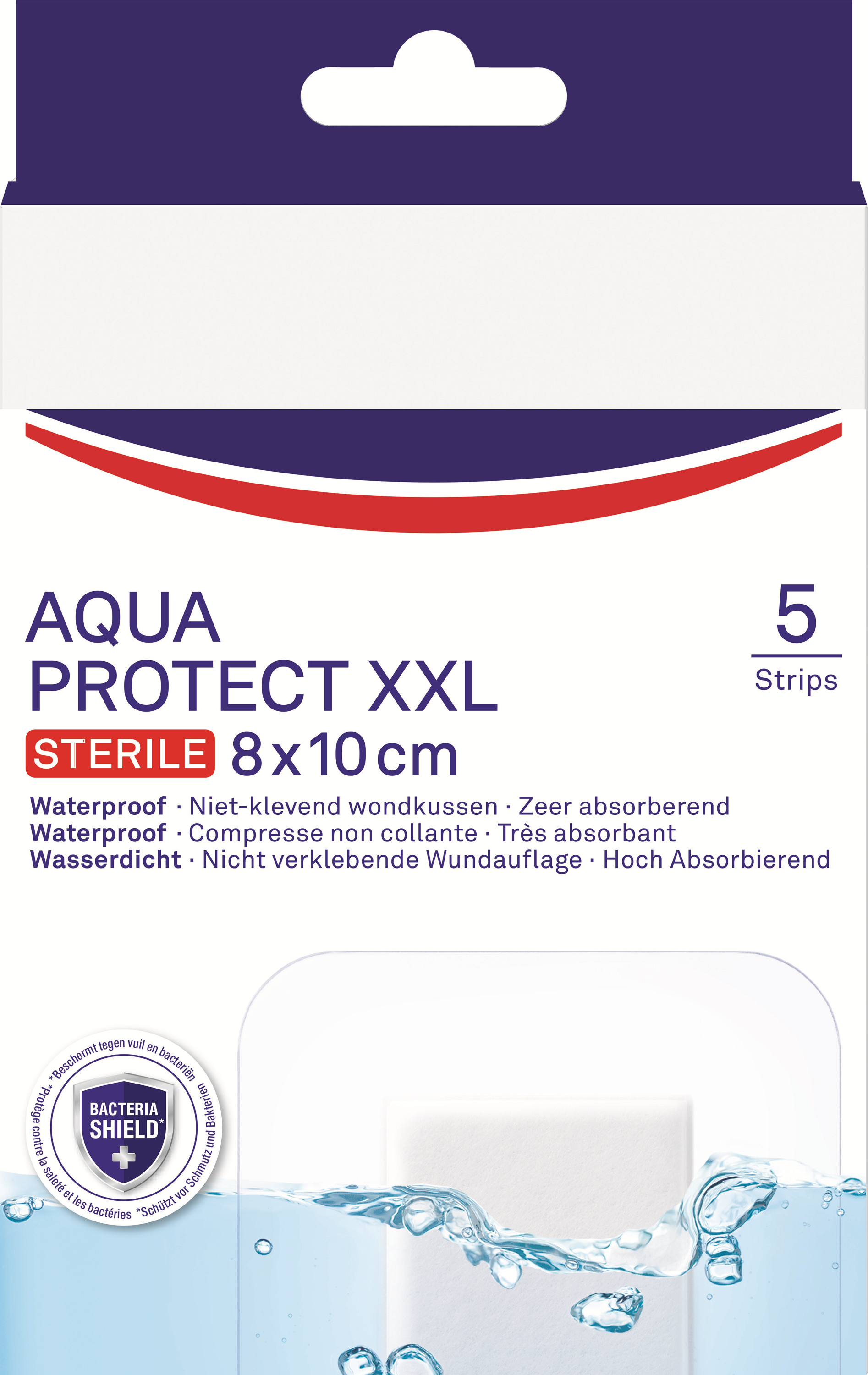 Hansaplast Aqua Protect XXL antibacterial bandages, 5-pack, waterproof adhesive plasters for wound protection and healing.