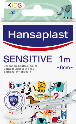 Hansaplast Sensitive kids adhesive bandages, 1m x 6cm, soft and gentle for children's skin, shown in the image.