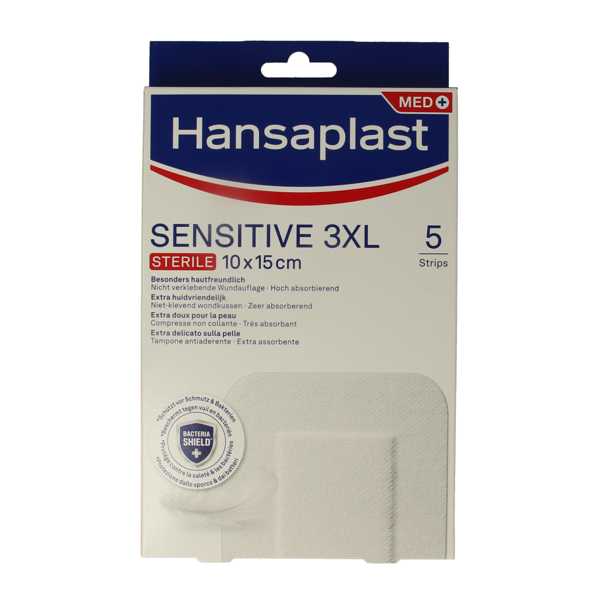 Hansaplast Sensitive 3XL plasters in a pack of 5, ideal for sensitive skin, shown in the product image.