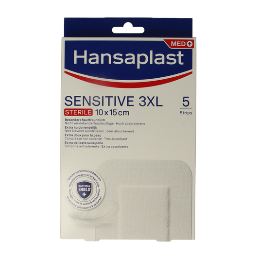 Hansaplast Sensitive 3XL plasters in a pack of 5, ideal for sensitive skin, shown in the product image.