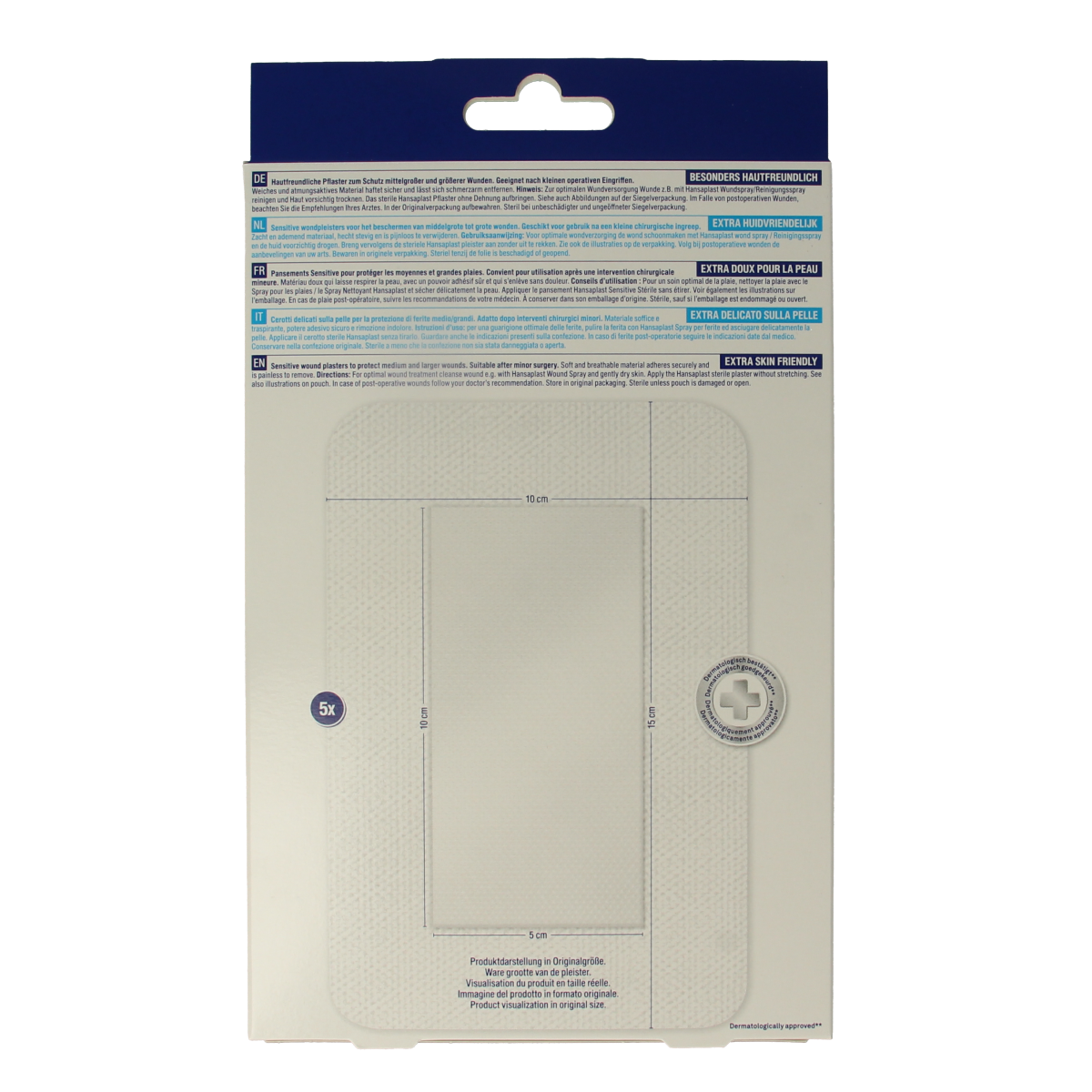 Hansaplast Sensitive 3XL plasters in a pack of 5, designed for gentle skin protection and wound covering.