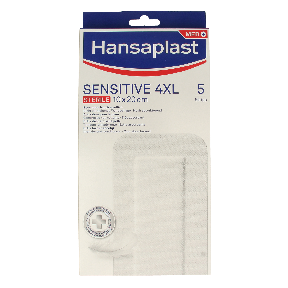 Hansaplast Pleisters Sensitive 4XL pack with 5 large adhesive bandages for sensitive skin, shown in a plastic package.