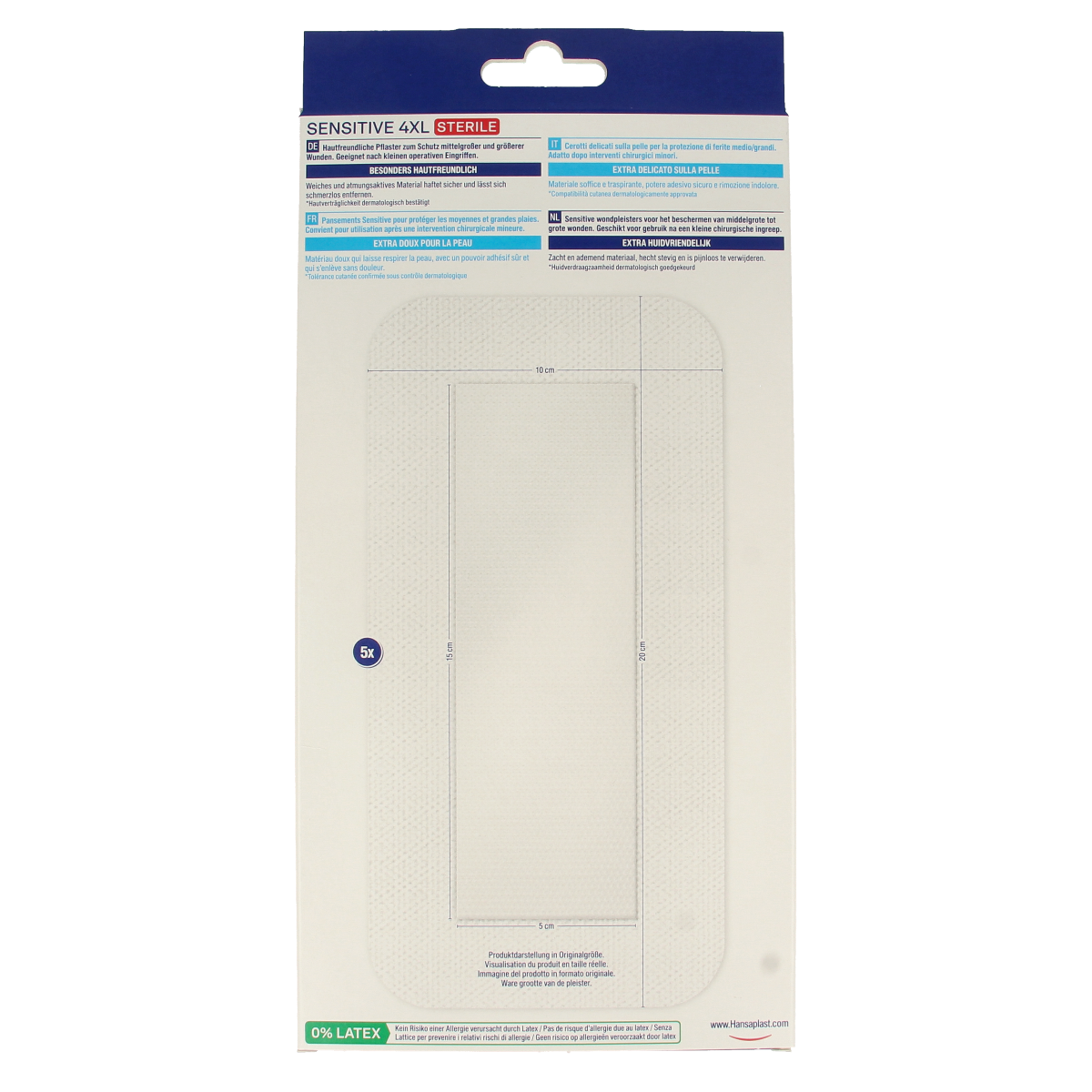 Hansaplast Pleisters Sensitive 4XL, pack of 5 adhesive bandages designed for sensitive skin, ideal for minor cuts and wounds.