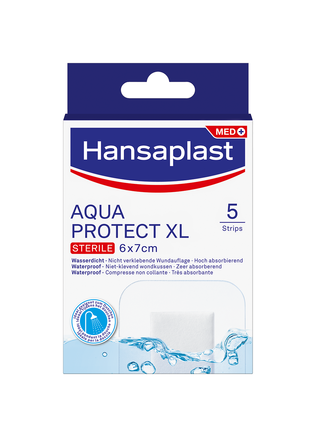 Hansaplast Aqua Protect XL antibacteriële pleisters en tape, 5 stuks, waterdichte en infectiebestendige pleisters voor wondverzorging.