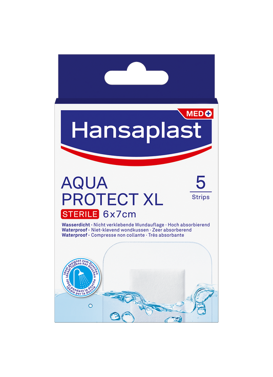 Hansaplast Aqua Protect XL antibacteriële pleisters en tape, 5 stuks, waterdichte en infectiebestendige pleisters voor wondverzorging.