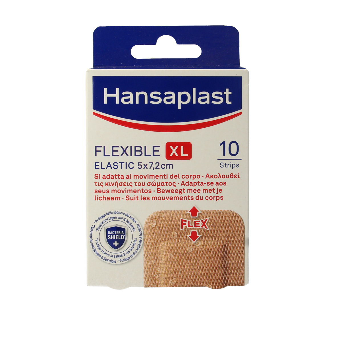 Hansaplast Flexible XL adhesive bandages in 5x7.2cm, pack of 10, suitable for minor cuts and wounds.