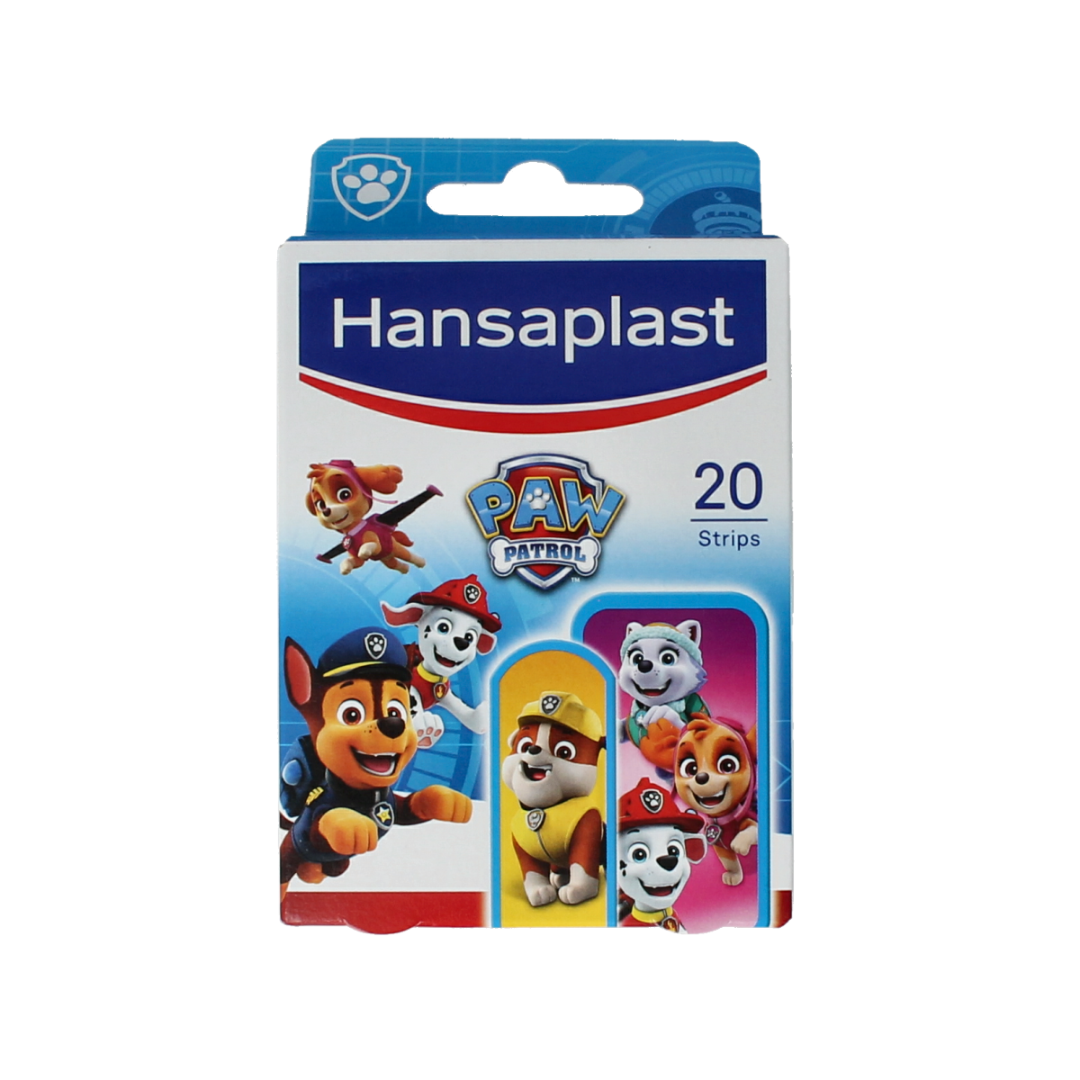 Hansaplast Kids Paw Patrol bandages and tape set with colorful Paw Patrol characters for children's first aid.