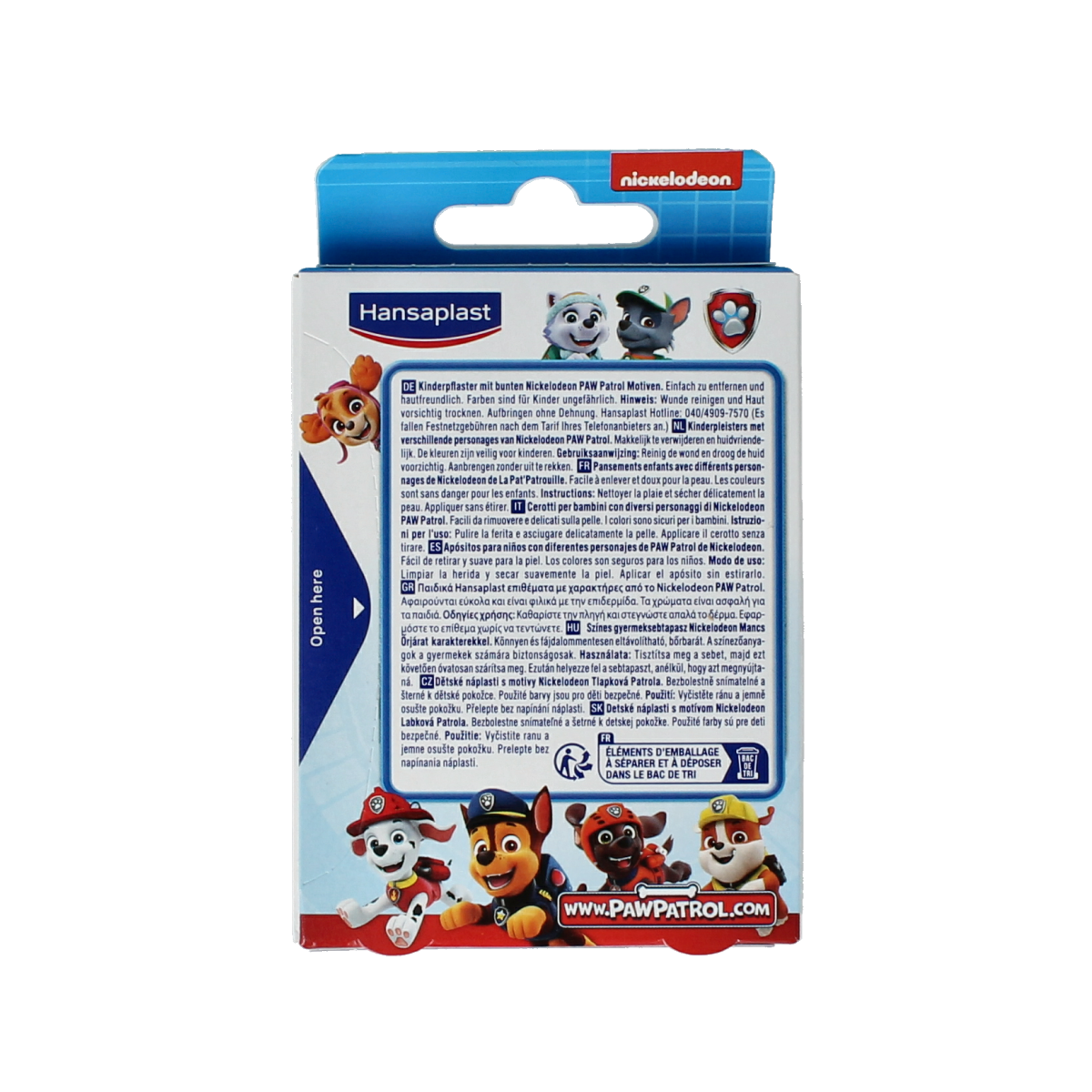 Hansaplast Kids Paw Patrol bandages and tape set with colorful Paw Patrol characters for children’s first aid.