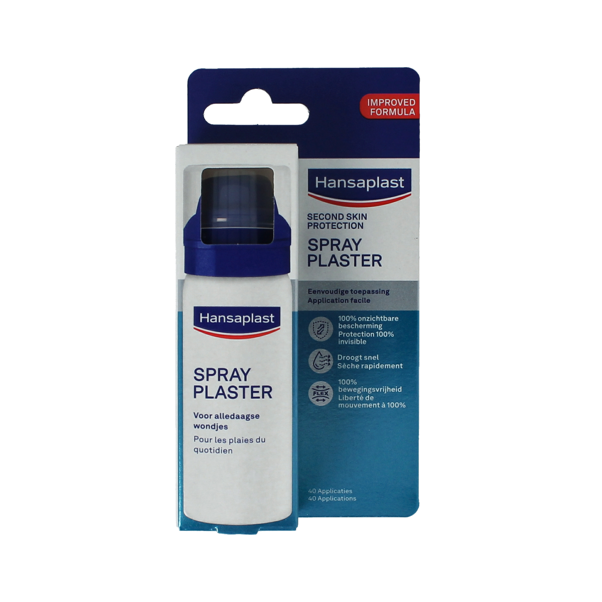 Hansaplast Second Skin Pleister Spray 40ml, fast-drying adhesive spray for easy wound protection and skin adhesion.