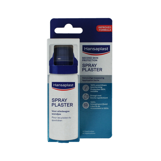 Hansaplast Second Skin Pleister Spray 40ml, fast-drying adhesive spray for easy wound protection and skin adhesion.