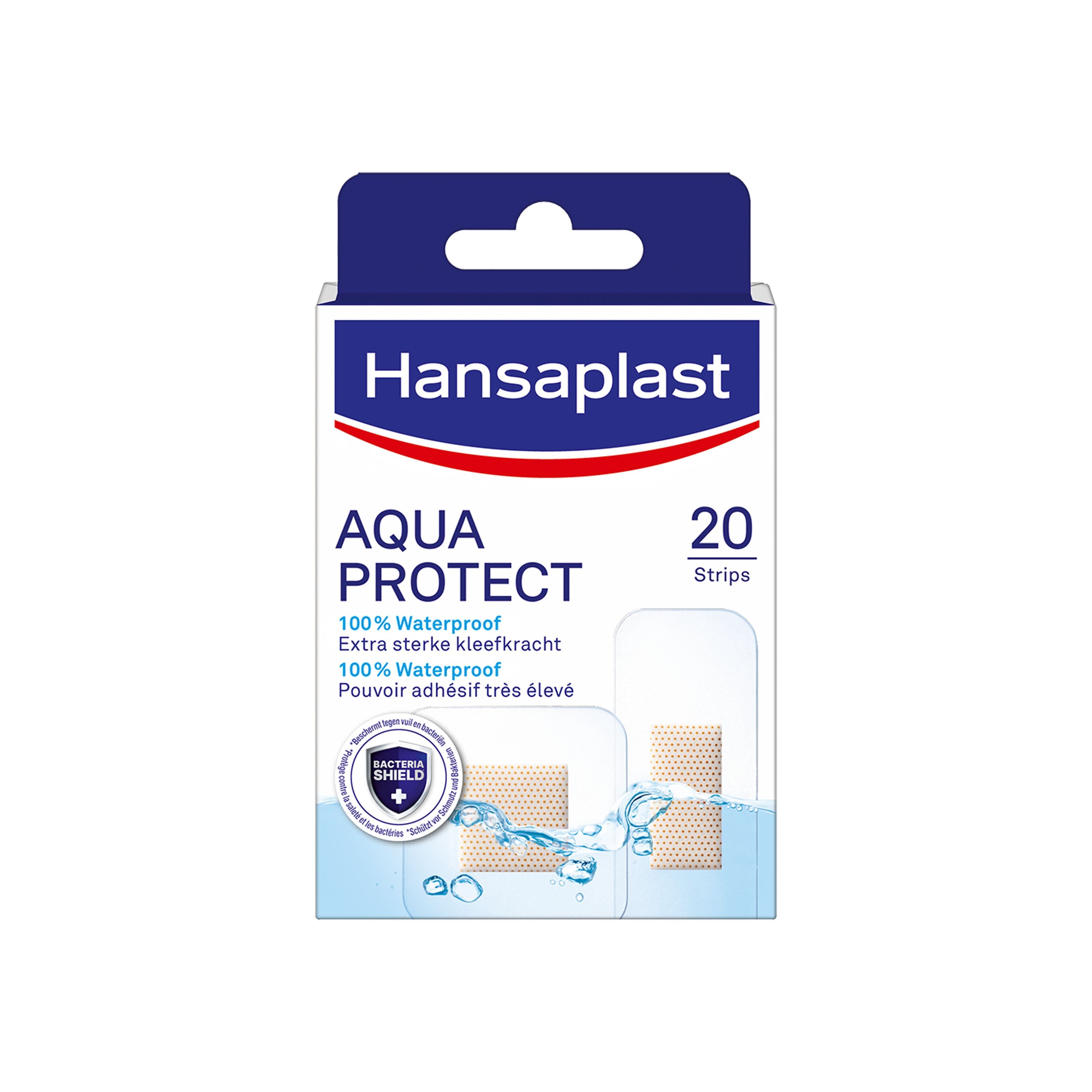 Hansaplast Aqua Protect adhesive strips, 20 count, waterproof bandages for minor cuts and wounds.