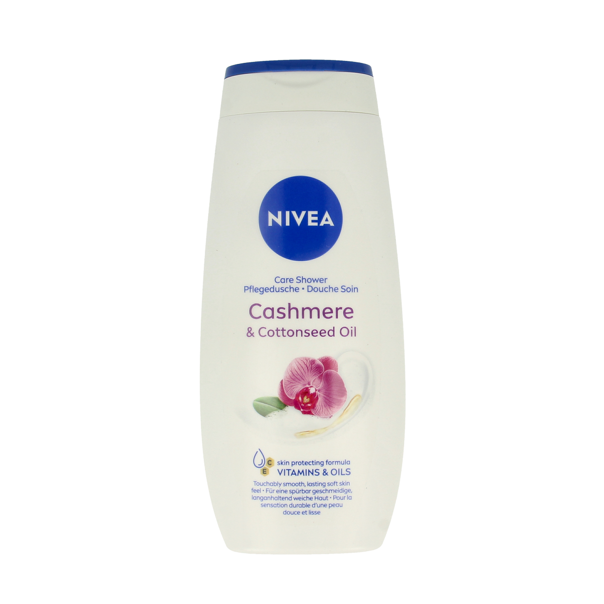 Nivea Cashmere & Orchid Moments shower gel in 250ml bottle, gentle bad en douche with floral and soft scent.