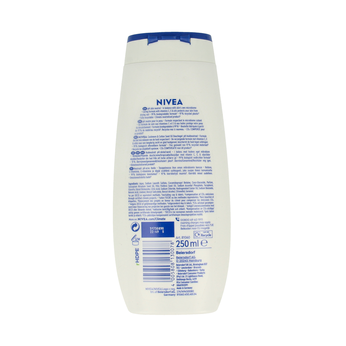 Nivea Cashmere & Orchid Moments shower gel bottle, 250ml, with elegant packaging and floral design.