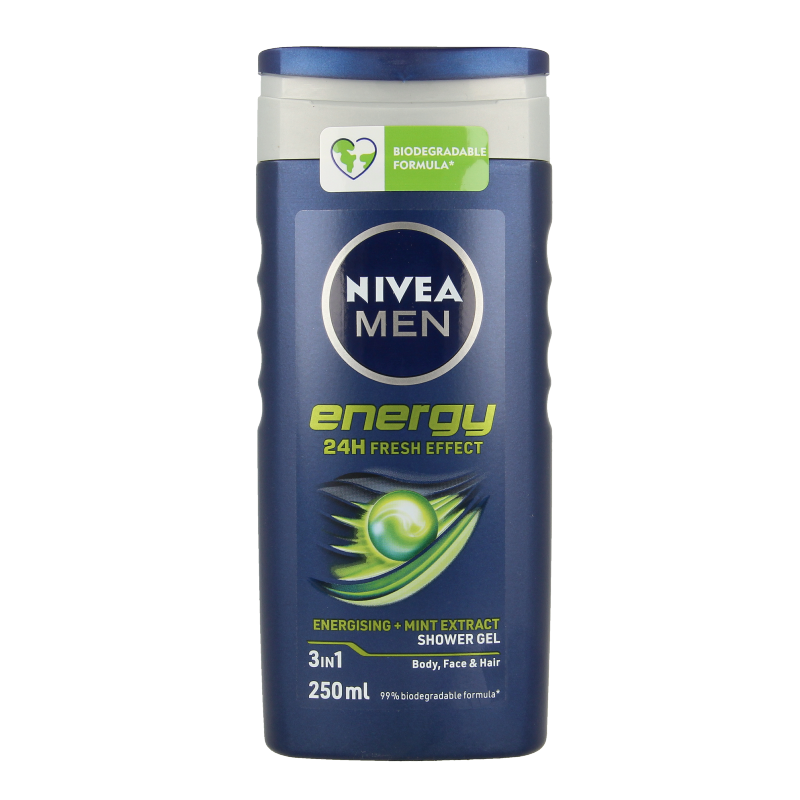 Nivea Men Energy douchegel 250ml bottle, blue packaging with Nivea branding, designed for men's body and shower cleansing.