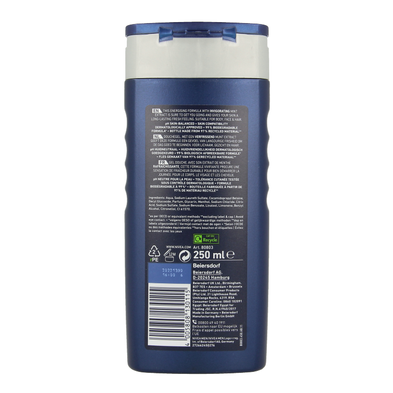 Nivea Men Energy Douchegel in 250ml bottle, showing the blue and white packaging with Nivea branding and product label.