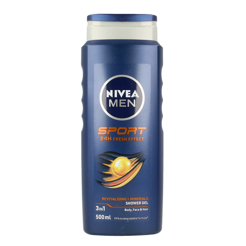 Nivea Men Sport shower gel in a 500ml bottle, designed for revitalizing body and face during sports or daily use.