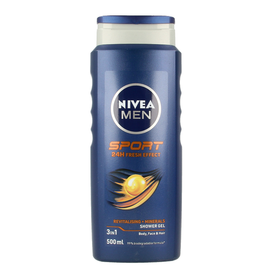 Nivea Men Sport shower gel in a 500ml bottle, designed for revitalizing body and face during sports or daily use.