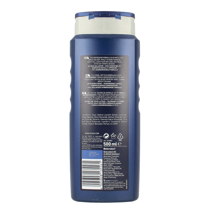 Nivea Men Sport douchegel 500ml bottle, designed for men’s shower and body cleansing, with sporty branding and blue packaging.