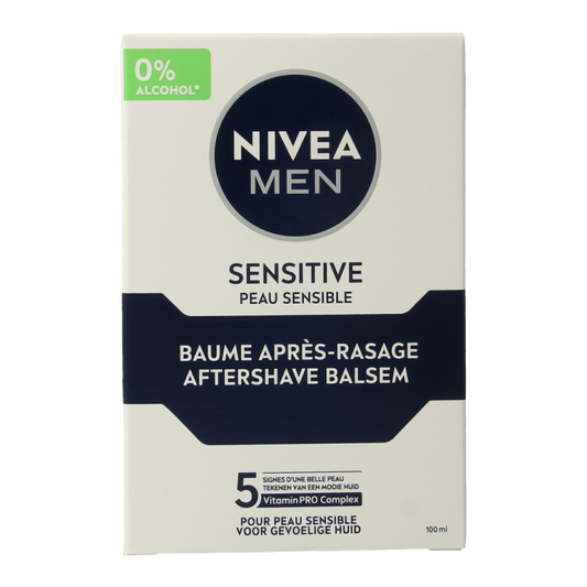 Nivea Men aftershave balsem in 100ml bottle, soothing aftershave for men with nourishing ingredients, suitable for skin care.