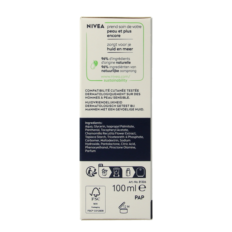 Nivea Men aftershave balsem in a 100ml bottle, soothing and repairing after shave care for men.