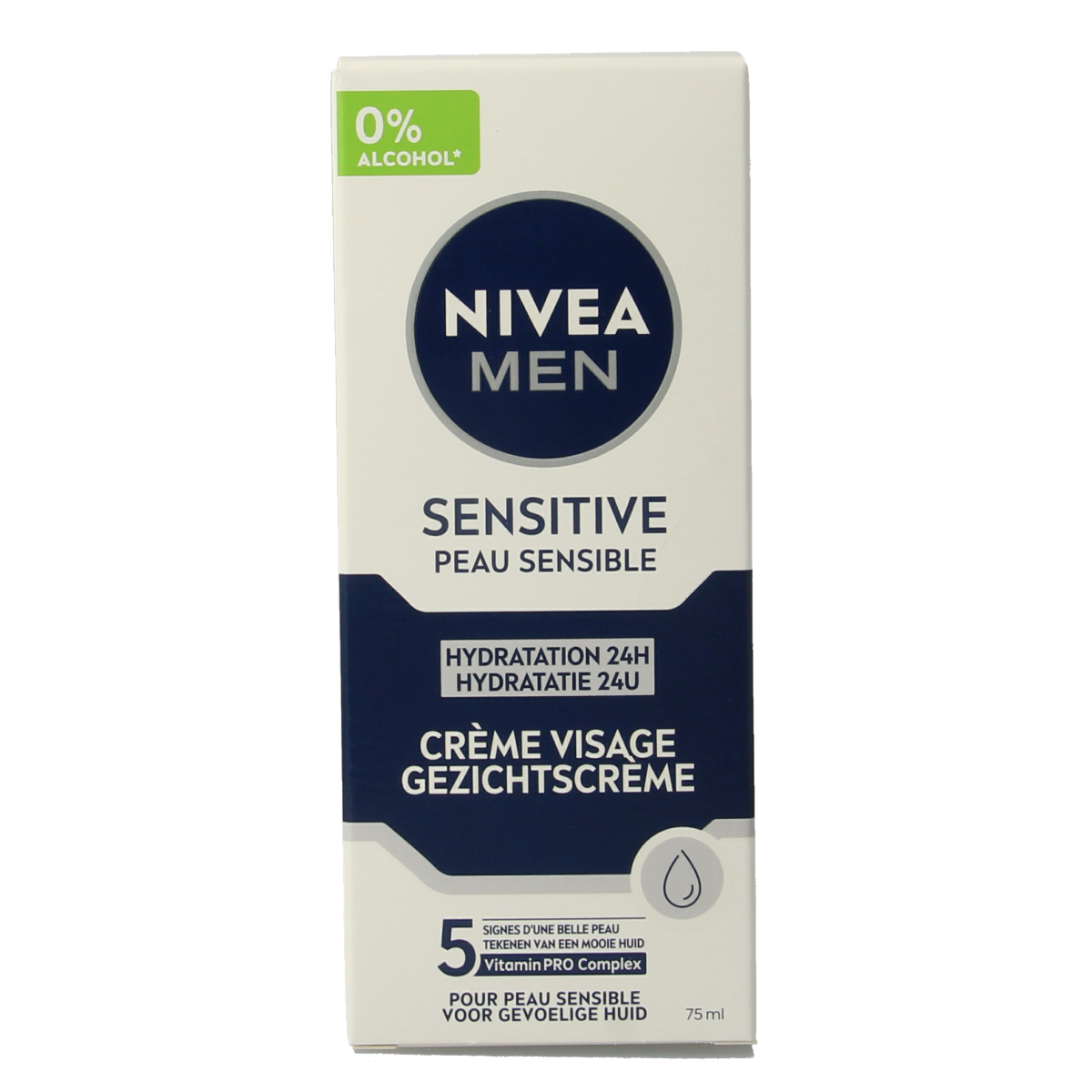 Nivea Men gezichtsverzorging gevoelige huid crème in 75ml tube, designed for sensitive skin.