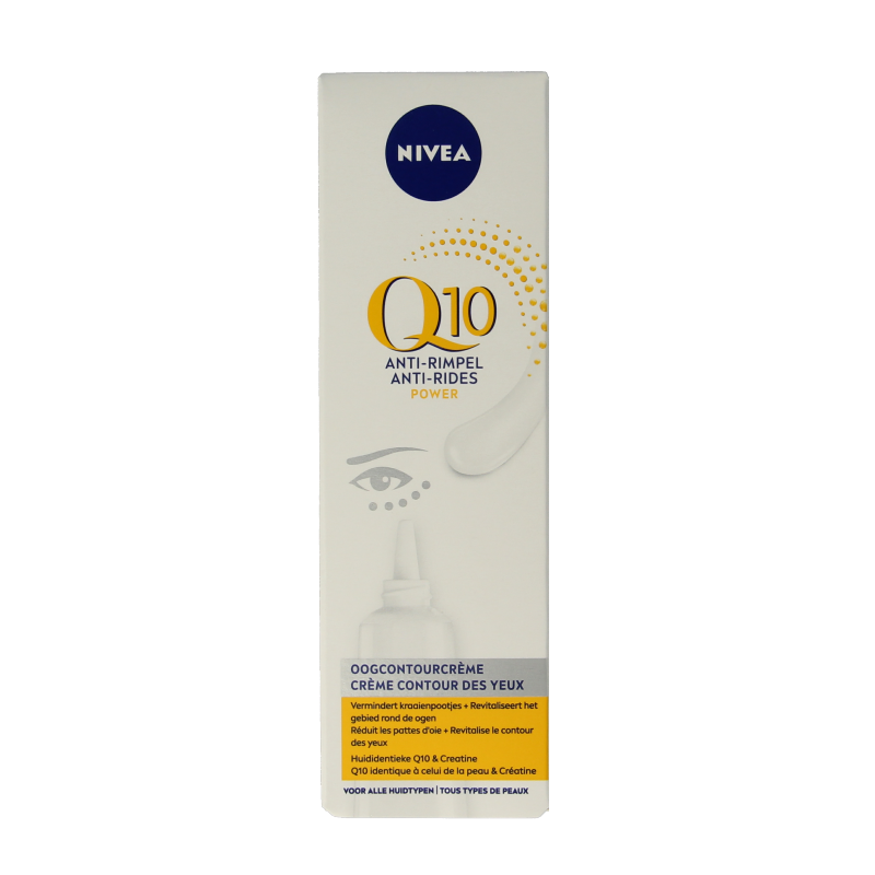 Nivea Q10 Power anti-wrinkle eye contour cream in 15ml tube, designed for eye area skincare and reducing wrinkles.