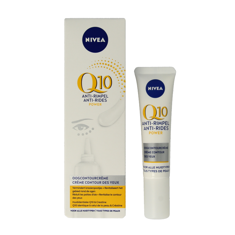 Nivea Q10 Power anti-wrinkle eye contour cream in 15ml jar, eye care product with nourishing formula and smooth texture.