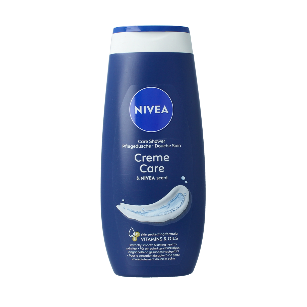 Nivea Douche Creme Care bottle, 250ml, moisturizing shower gel in a white and blue plastic container with Nivea branding