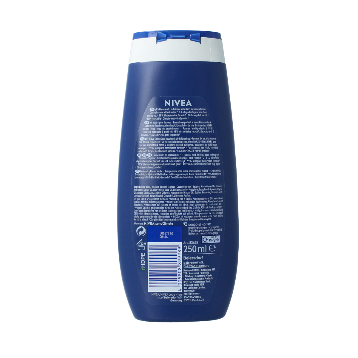Nivea Douche Creme Care bottle, 250ml, featuring a white and blue design with Nivea branding and product label.