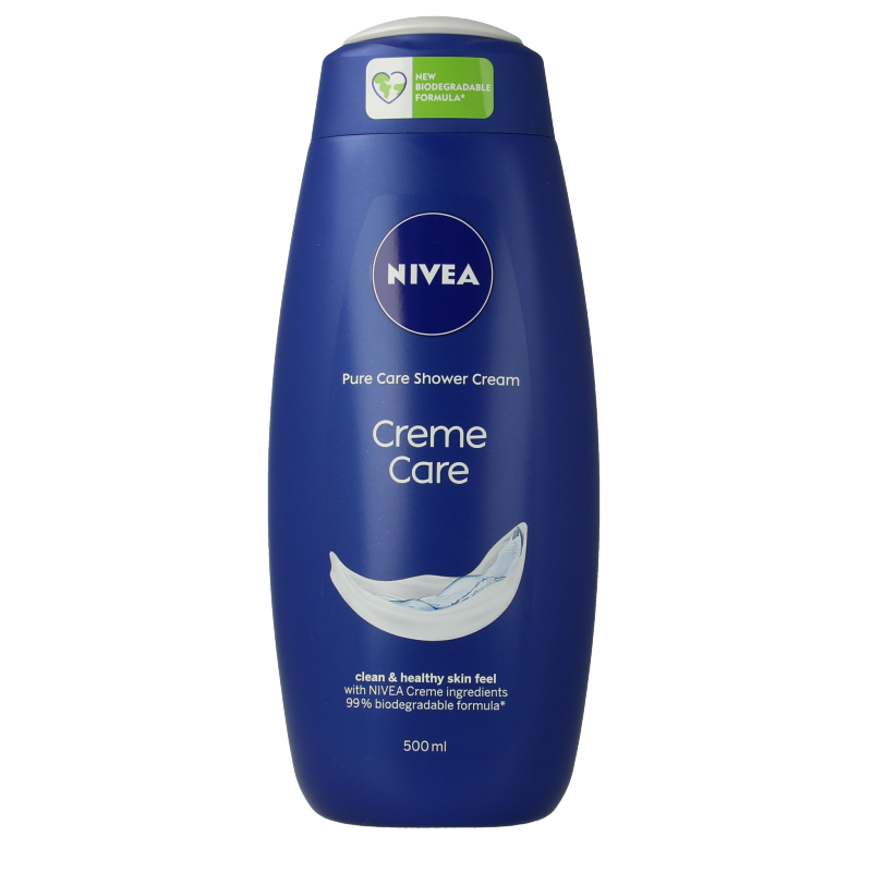 Nivea Douche Creme Care bottle, 500ml, featuring a white and blue design, suitable for gentle skin cleansing in the shower.