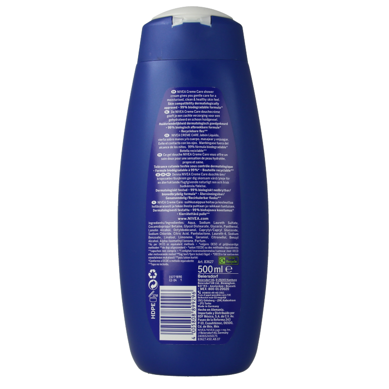 Nivea Douche Creme Care 500ml bottle with white and blue packaging, designed for gentle skin cleansing during shower.