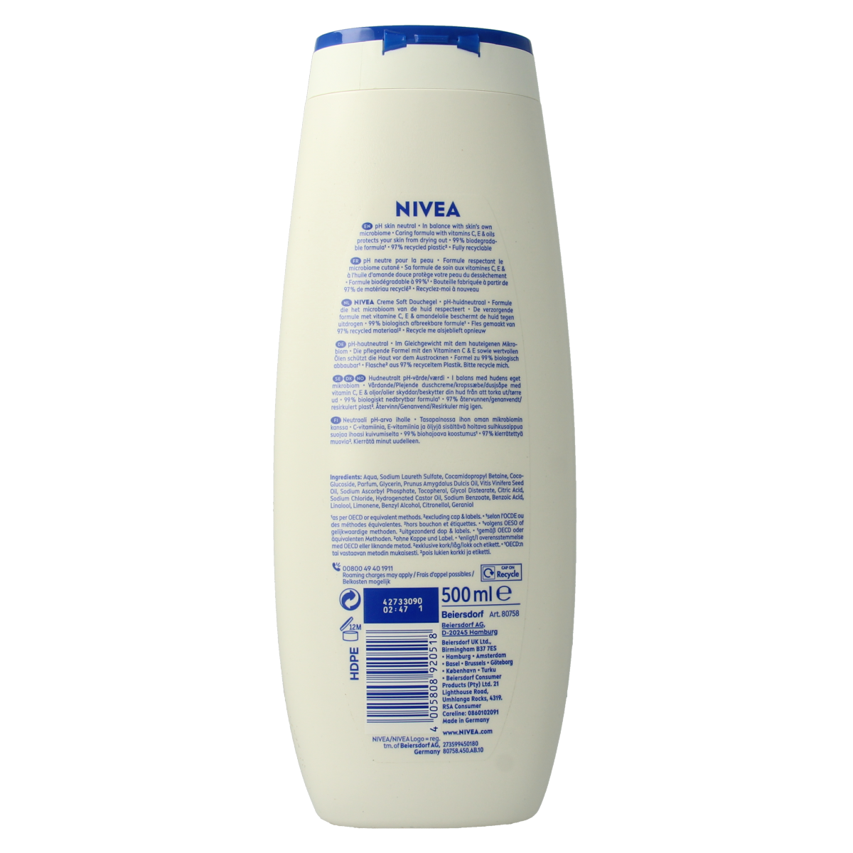 Nivea Douchecreme Soft 500ml bottle with pump dispenser, designed for gentle cleansing and softening skin during shower.