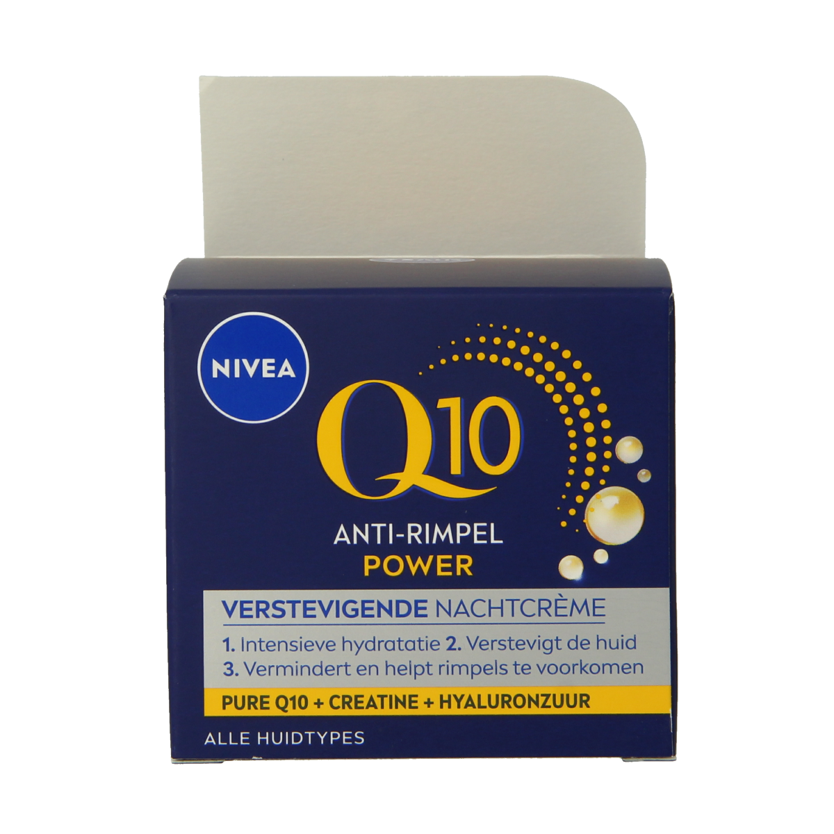 Nivea Visage anti-rimpel nachtcrème Q10+ in 50ml jar, facial skincare product for anti-aging and wrinkle reduction.