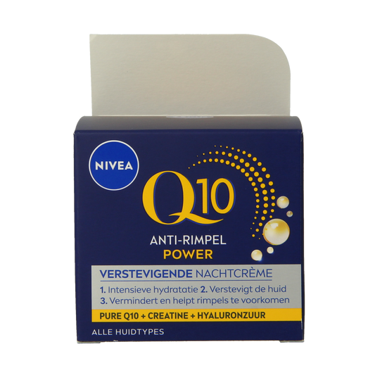 Nivea Visage anti-rimpel nachtcrème Q10+ in 50ml jar, facial skincare product for anti-aging and wrinkle reduction.