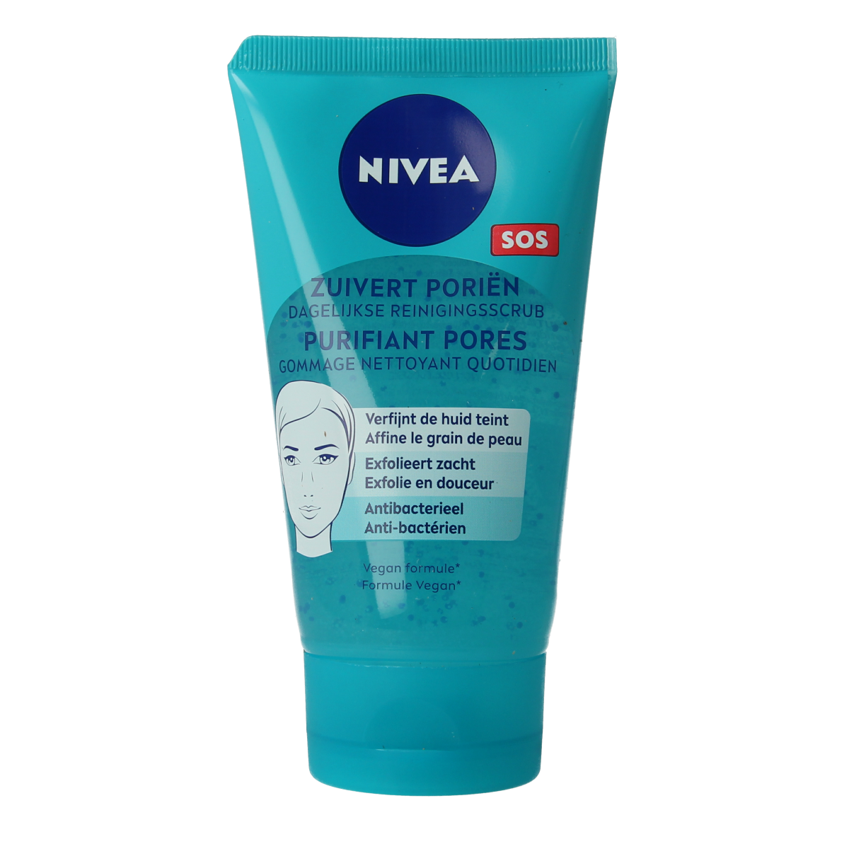 Nivea SOS zuivert porien gezichtsverzorging met reinigingsscrub in 150ml tube, designed for daily pore cleansing and skin refreshment.