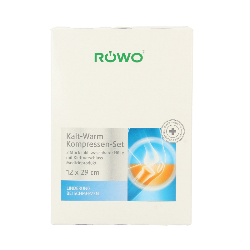 Pair of Rowo warm and cold compresses, 12x29cm, for pain relief and therapy, shown with the two packs on a neutral background.