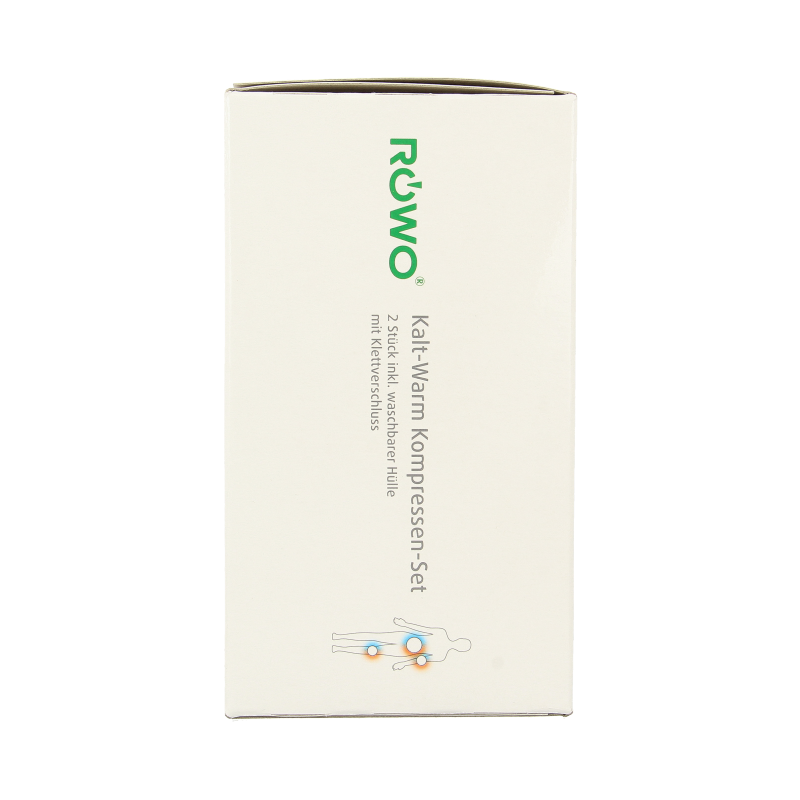 Pair of Rowo warm and cold compresses, 12x29cm, flexible for pain relief and therapy, shown in the image.