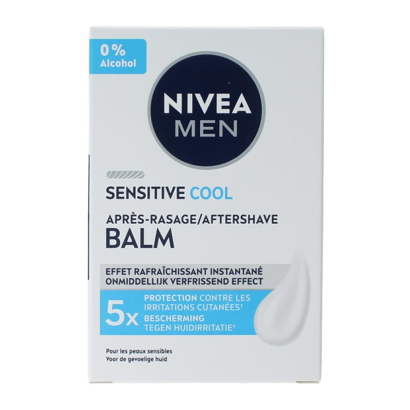 Nivea Men aftershave cooling bottle, 100ml, in white and blue packaging, for facial skincare and post-shave refreshment