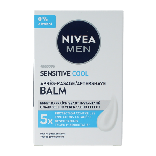 Nivea Men aftershave cooling bottle, 100ml, in white and blue packaging, for facial skincare and post-shave refreshment